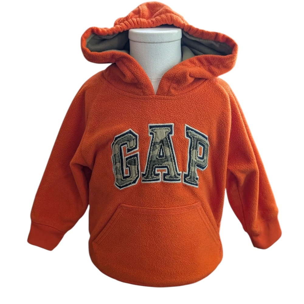 Vintage Y2K Gap Toddler Kids Fleece Sweatshirt Hoodie Orange Camo Embroidered